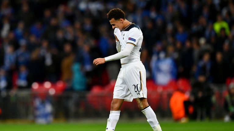 Dele Alli leaves the Wembley turf after his red card against Gent 