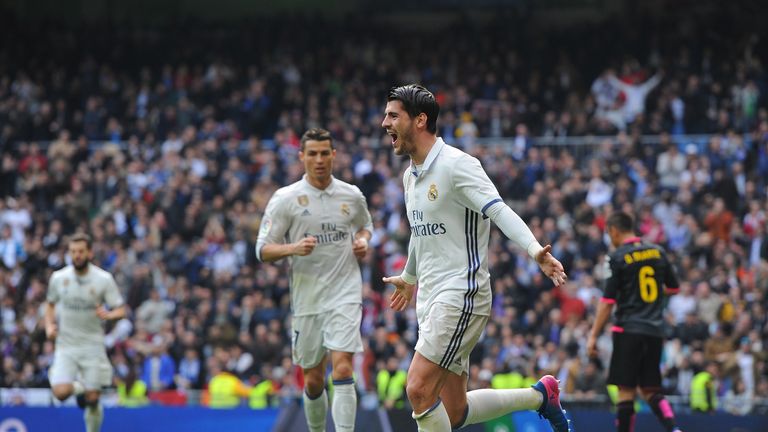 Real Madrid forward Alvaro Morata celebrates after scoring 