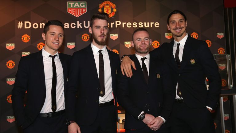 Ander Herrera, David de Gea, Wayne Rooney and Zlatan Ibrahimovic of Manchester United attend the launch of a TAG Heuer Special Edition Co-Branded Watch