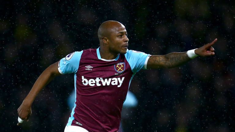 Andre Ayew celebrates after scoring West Ham's equaliser