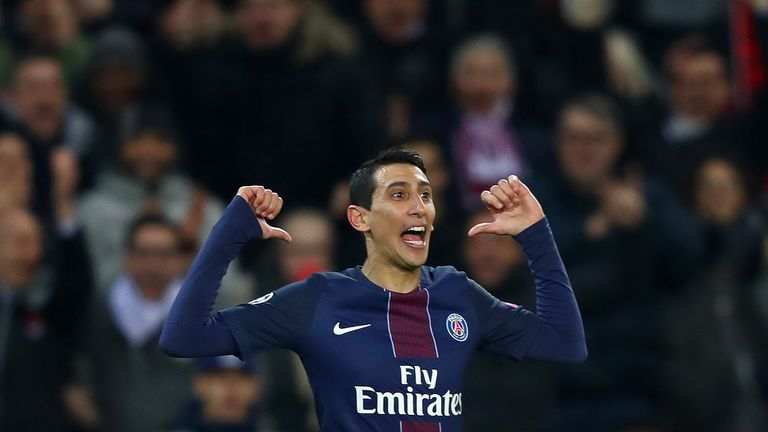 PARIS, FRANCE - FEBRUARY 14:  Angel Di Maria of Paris Saint-Germain celebrates after scoring his team's third goal during the UEFA Champions League Round o