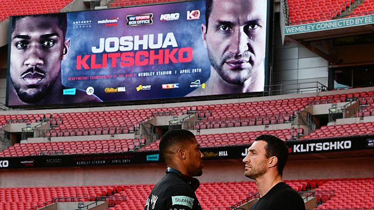 Anthony Joshua of Great Britain and Wladimir Klitschko of Ukraine at Wembley Stadium.