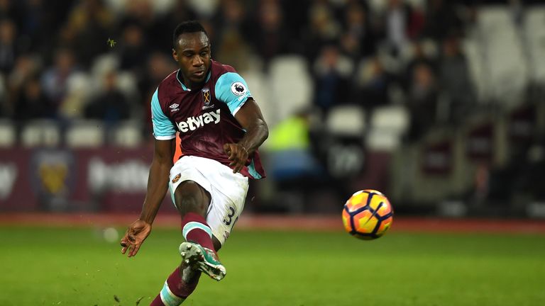 STRATFORD, ENGLAND - FEBRUARY 01: Michail Antonio of West Ham United scores a goal which is later dissalowed for offside during the Premier League match be