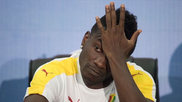 Ghana's national football team captain Asamoah Gyan attends a press conference at Port-Gentil Stadium on January 16, 2017, during the 2017 Africa Cup of Na