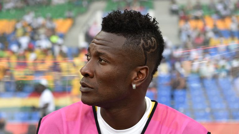 Ghana's forward Asamoah Gyan who is recovering from an injury sits on the bench during the 2017 Africa Cup of Nations quarter-final football match between 