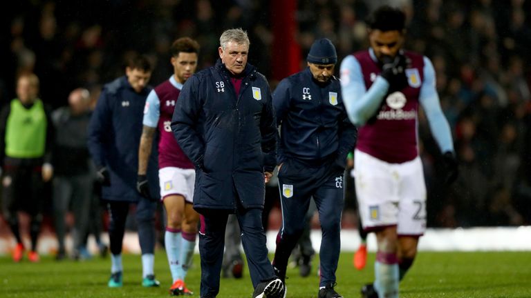BRENTFORD, ENGLAND - JANUARY 31:  Steve Bruce of Aston Villa looks on during the Sky Bet Championship match between Brentford and Aston Villa at Griffin Pa
