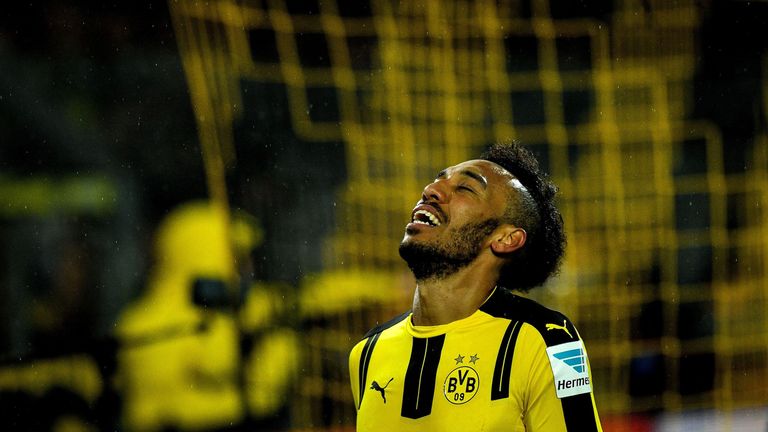 Pierre-Emerick Aubameyang reacts after missing a Borussia Dortmund chance