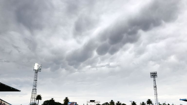 Rain clouds sit over McLean Park as rain delays the start of the 2nd one-day international cricket match between New Zealand and Australia at McLean Park i