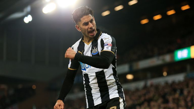 Newcastle United's Ayoze Perez celebrates scoring his side's second goal of the game during the Sky Bet Championship match at Carrow Road, Norwich.