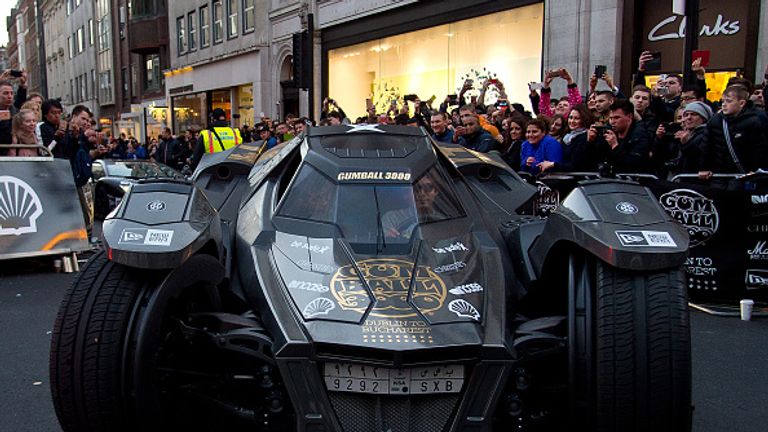 LONDON, ENGLAND - MAY 02: The "Batmobile" arrives at the finish line as Gumball Rally closes down Regent Street at Regent Street on May 3, 2016 in London, 