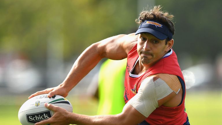 MELBOURNE, AUSTRALIA - DECEMBER 16 2016:  Billy Slater passes the ball during a Melbourne Storm NRL training session at Gosch's Paddock