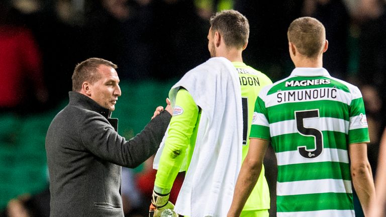 Brendan Rodgers (left) with Craig Gordon at full-time against Aberdeen