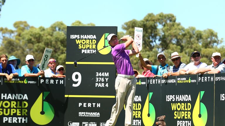 PERTH, AUSTRALIA - FEBRUARY 16: Brett Rumford of Australia watches his tees shot on the 9th hole during round one of the ISPS HANDA World Super 6 at Lake K