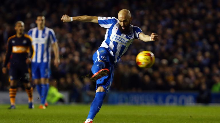 Brighton & Hove Albion's Bruno Saltor shoots during the Sky Bet Championship match at the AMEX Stadium, Brighton.