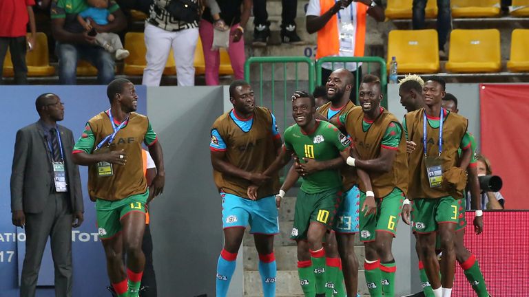 Burkina Faso's players celebrate a goal during the 2017 Africa Cup of Nations third place football match between Burkina Faso and Ghana in Port-Gentil on F