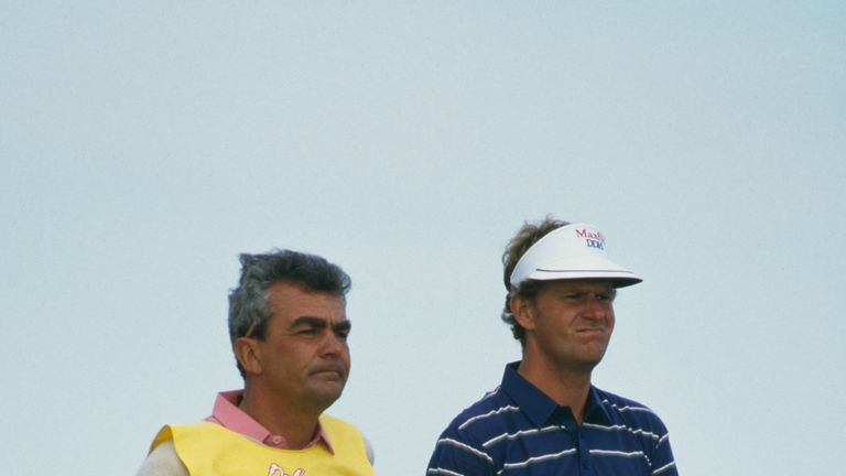 Scottish golfer Sandy Lyle with his caddie Dave Musgrove on the 16th, during the final round of the British Open at Royal St George's Golf Club, July 1985.