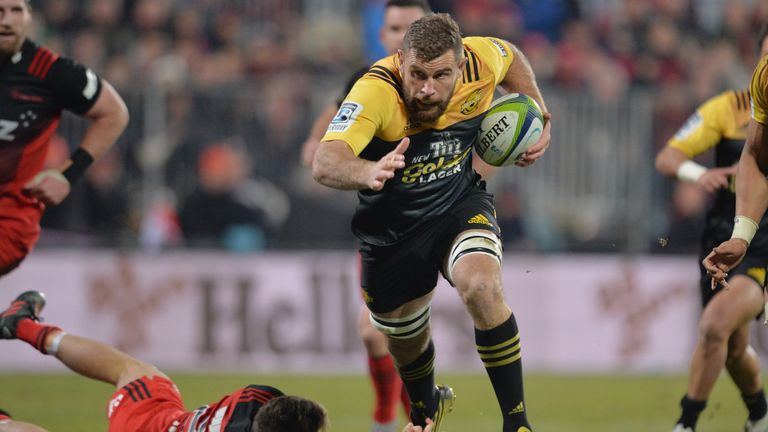 CHRISTCHURCH, NEW ZEALAND - JULY 16: Callum Gibbins of the Hurricanes runs through to score a try during the round 17 Super Rugby match between the Crusade