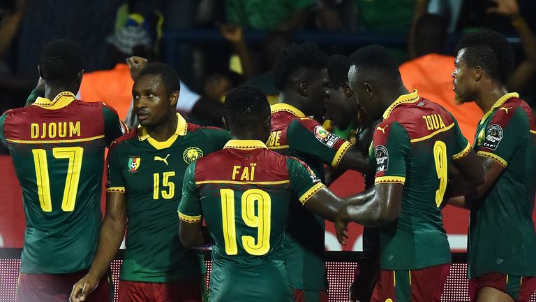 Cameroon celebrate a goal against Ghana in their Africa Cup of Nations semi final