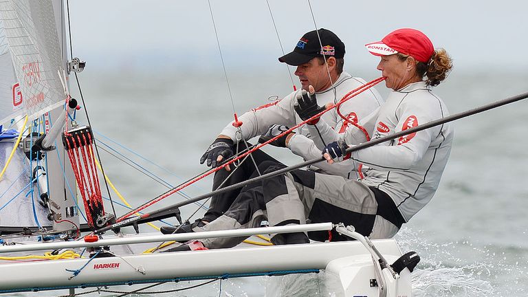 Carolijn Brouwer (front) and Darren Bundock of Belgium sails through the waves in the Viper class at the ISAF Sailing World Cup event in Melbourne on Decem