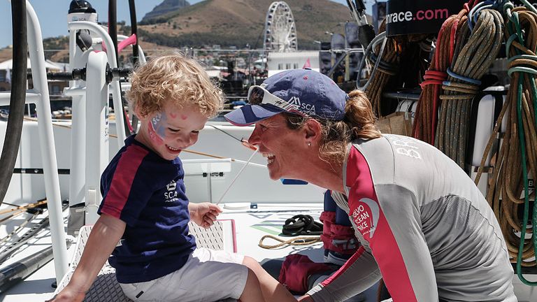 CAPE TOWN, SOUTH AFRICA - NOVEMBER 07: In this handout image provided by the Volvo Ocean Race Carolijn Brouwer and her after Team SCA arrived to the pontoo
