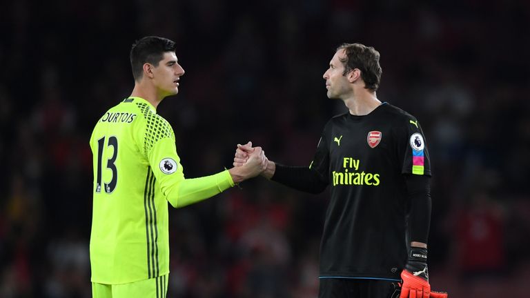 LONDON, ENGLAND - SEPTEMBER 24:  Thibaut Courtois of Chelsea (L) and Petr Cech of Arsenal (R) shake hands after the final whistle during the Premier League
