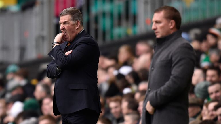 Motherwell manager Mark McGhee (L) and Celtic boss Brendan Rodgers (R) at Celtic Park