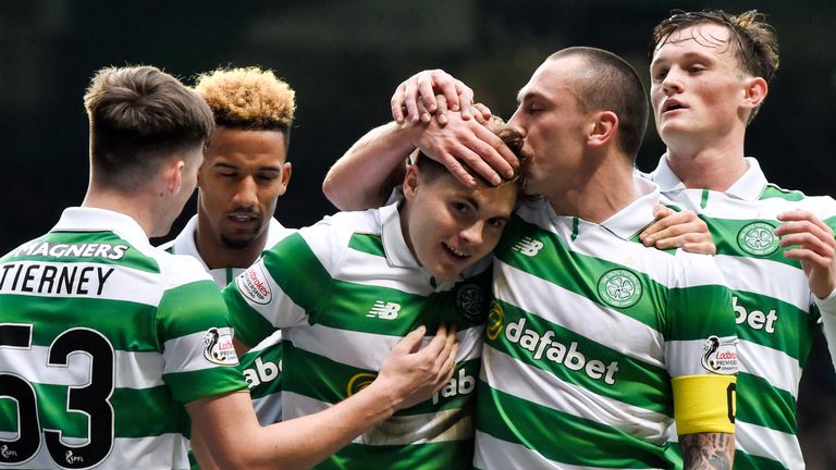 James Forrest takes the congratulations after his goal