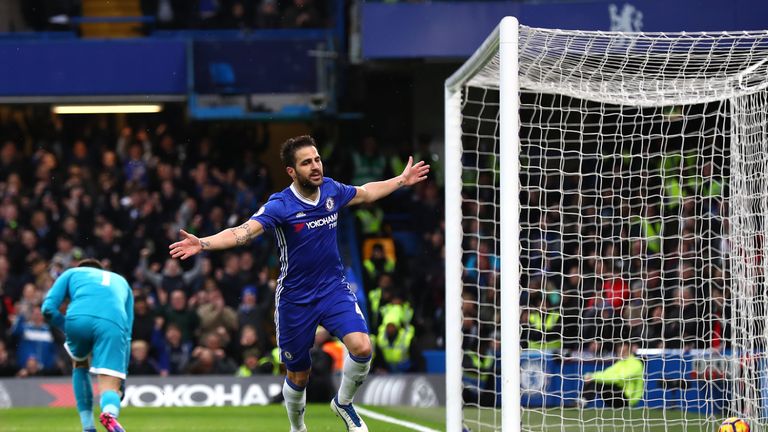 LONDON, ENGLAND - FEBRUARY 25:  Cesc Fabregas of Chelsea celebrates scoring his sides first goal during the Premier League match between Chelsea and Swanse