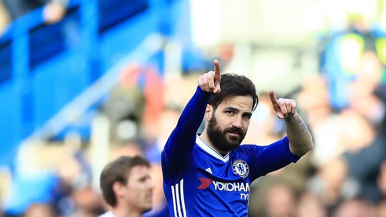 Cesc Fabregas gestures after scoring Chelsea's third goal