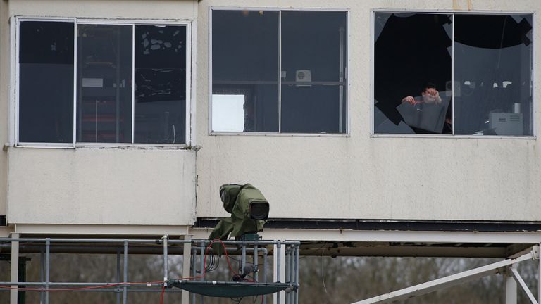  Storm Doris blows the window through in the commentators area at Chelmsford