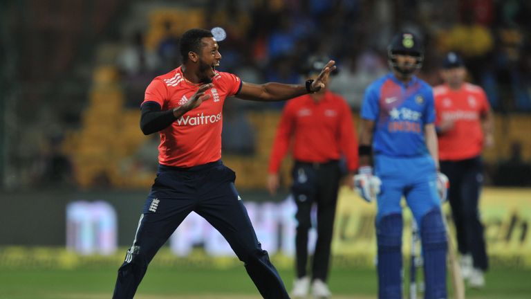 Chris Jordan celebrates after running out Virat Kohli during the third T20I (Credit: AFP)