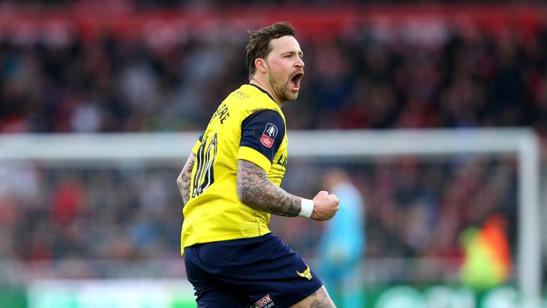 MIDDLESBROUGH, ENGLAND - FEBRUARY 18:  Chris Maguire of Oxford United celebrates scoring his sides first goal during The Emirates FA Cup Fifth Round match 