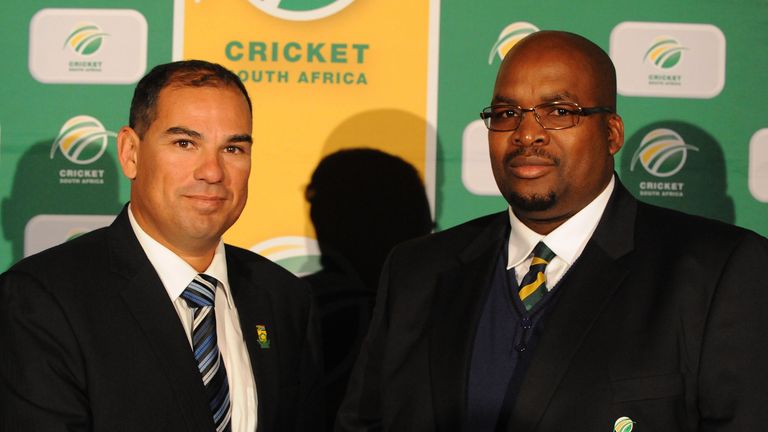JOHANNESBURG, SOUTH AFRICA - MAY 11: CSA President Chris Nenzani with Russell Domingo during the CSA media briefing to announce the proteas coach elect Rus
