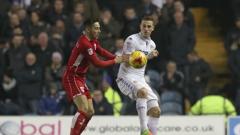 Leeds United's Chris Wood (right) and Bristol City's Josh Brownhill battle for the ball the Sky Bet Championship match at Elland Road, Leeds.