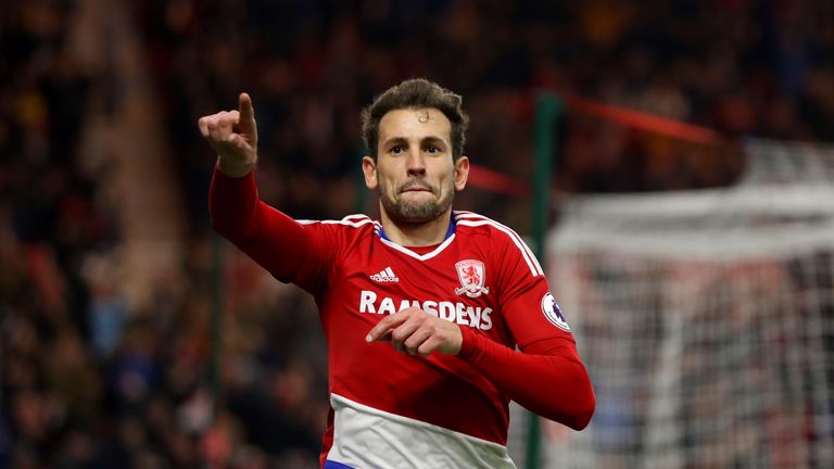MIDDLESBROUGH, ENGLAND - FEBRUARY 18:  Cristhian Stuani of Middlesbrough celebrates scoring his sides third goal during The Emirates FA Cup Fifth Round mat
