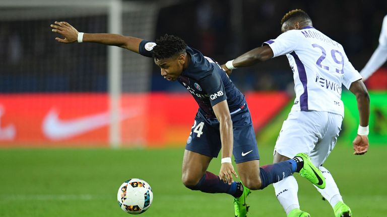 Paris Saint-Germain's French midfielder Christopher Nkunku (L) vies with Toulouse's Swiss defender Jacques Francois Moubandje during the French L1 football