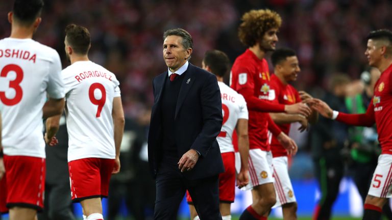 LONDON, ENGLAND - FEBRUARY 26: Claude Puel, Manager of Southampton looks dejected after the EFL Cup Final match between Manchester United and Southampton a
