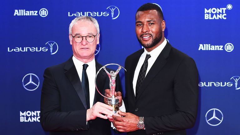 Claudio Ranieri and Leicester skipper Wes Morgan with the award in Monaco