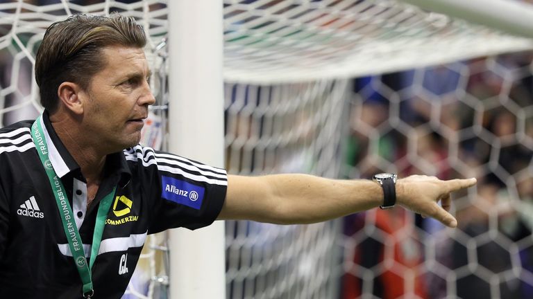MAGDEBURG, GERMANY - JANUARY 12: Headcoach Colin Bell of 1. FFC Frankfurt gestures during the DFB Women's Indoor Cup 2013 at GETEC-Arena on January 12, 201
