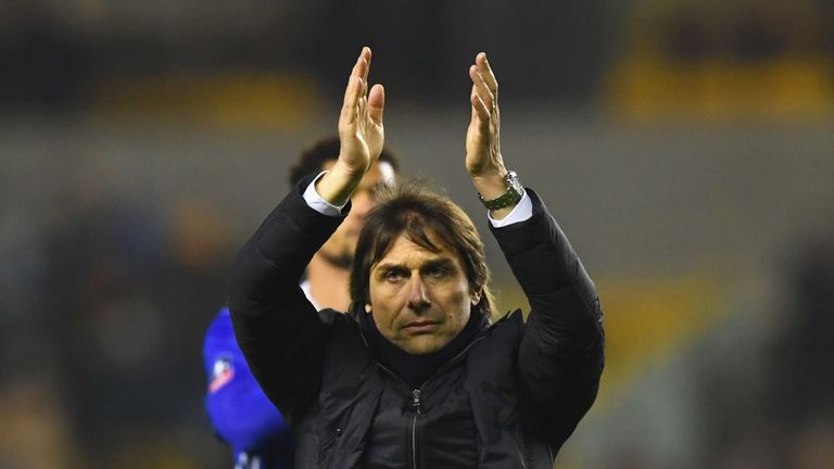 WOLVERHAMPTON, ENGLAND - FEBRUARY 18:  Antonio Conte, Manager of Chelsea shows appreciation to the fans after The Emirates FA Cup Fifth Round match between