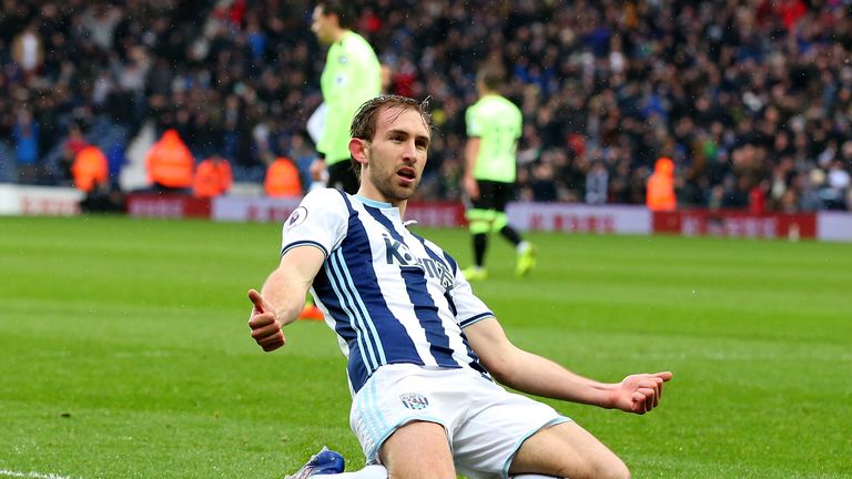 WEST BROMWICH, ENGLAND - FEBRUARY 25:  Craig Dawson of West Bromwich Albion celebrates scoring his sides first goal during the Premier League match between
