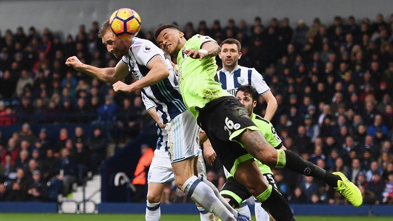 WEST BROMWICH, ENGLAND - FEBRUARY 25:  Craig Dawson of West Bromwich Albion (L) and Tyrone Mings of AFC Bournemouth (R) battle to win a header during the P