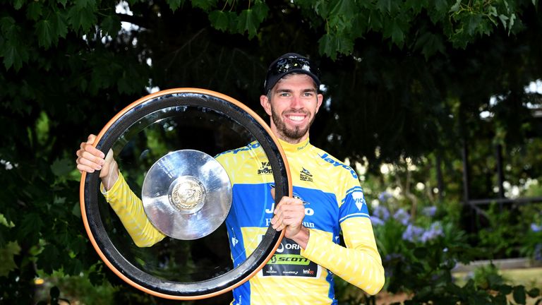 Australias Damien Howson of Orica-Scott holds the Herald Sun Tour trophy after winning the 2017 Herald Sun Tour cycling event in Melbourne on February 5, 2
