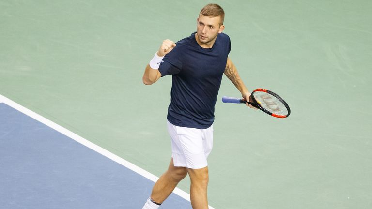 Dan Evans celebrates during his win over Denis Shapovalov in the Davis Cup tie between Canada and Great Britain in Ottawa