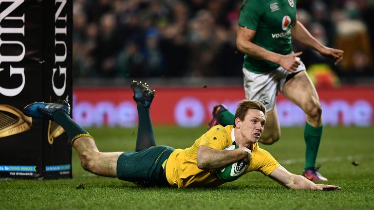 Dane Haylett-Petty of Australia scores a try against Ireland in November