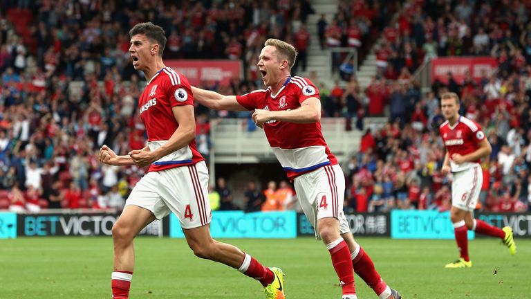 MIDDLESBROUGH, ENGLAND - SEPTEMBER 10: Daniel Ayala of Middlesbrough celebrates scoring his sides first goal with Adam Forshaw of Middlesbrough during the 