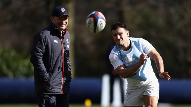  Danny Care passes the ball watched by head coach Eddie Jones