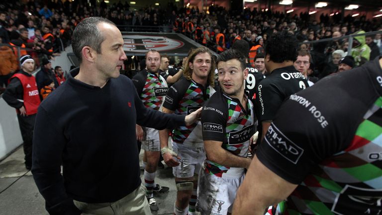 TOULOUSE, FRANCE - DECEMBER 18:  Conor O'Shea, the Harlequins director of rugby, congratulates Danny Care after their victory during the Heineken Cup match