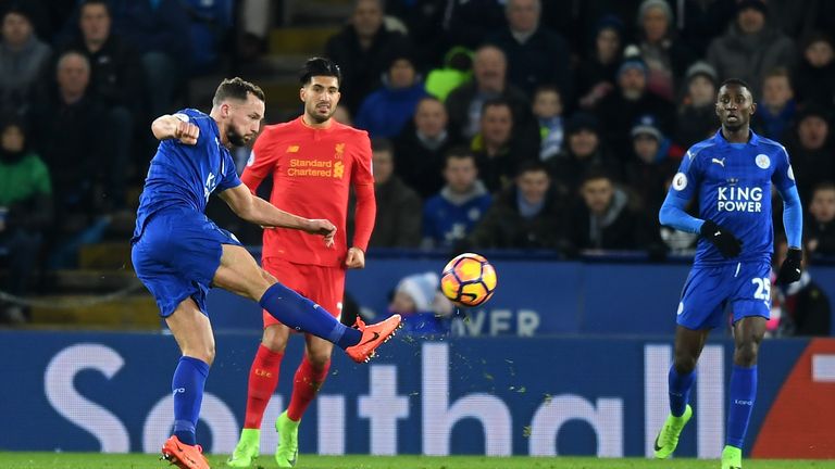 Danny Drinkwater strikes his volley against Liverpool