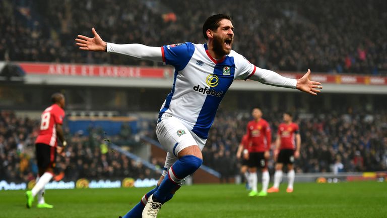 BLACKBURN, ENGLAND - FEBRUARY 19:  Danny Graham of Blackburn Rovers celebrates as he scores their first goal during The Emirates FA Cup Fifth Round match b